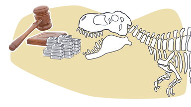 Dinoskelett frisst Geldstapel; daneben ein Auktionshammer