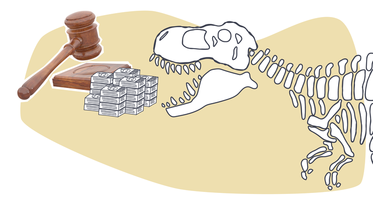 Dinoskelett frisst Geldstapel; daneben ein Auktionshammer