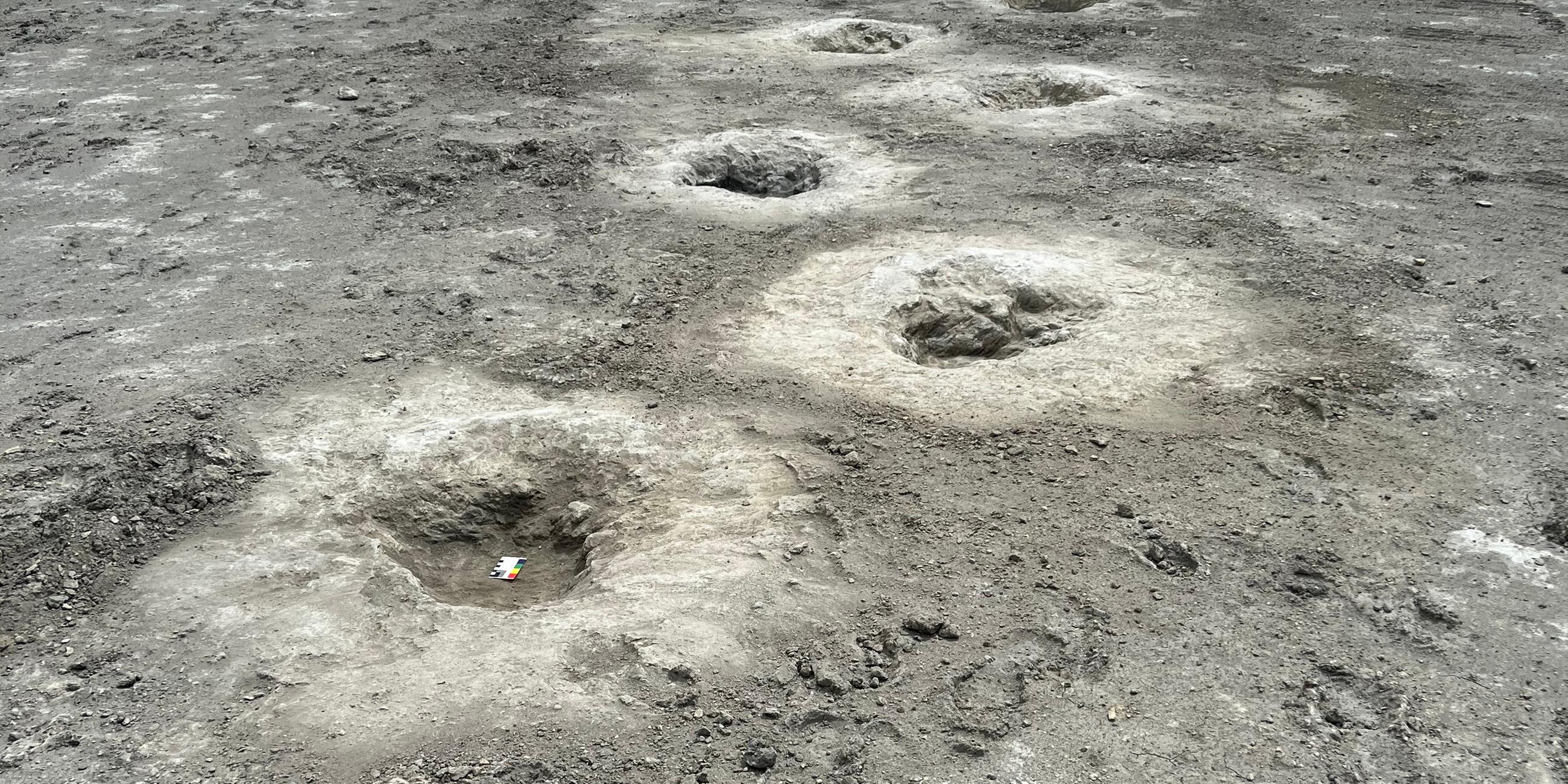 Regelmäßige Löcher im Boden, im Hintergrund Menschen in Warnwesten, die über einem Loch knieen.