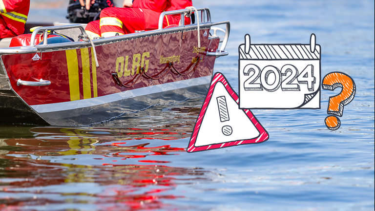 Ein Boot der DLRG im Wasser, außerdem Symbole für 2024, Gefahr und Fragezeichen
