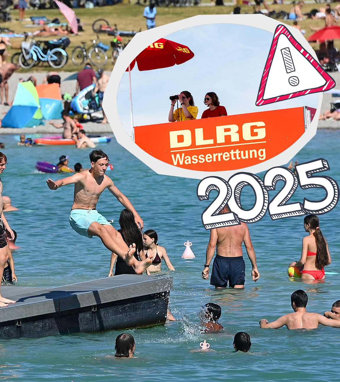 Menschen am Badesee und DLRG Mitarbeiter