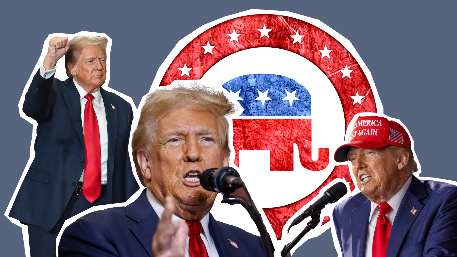 Drei Ausschnitte von Donald Trump und das Logo der Republikaner.