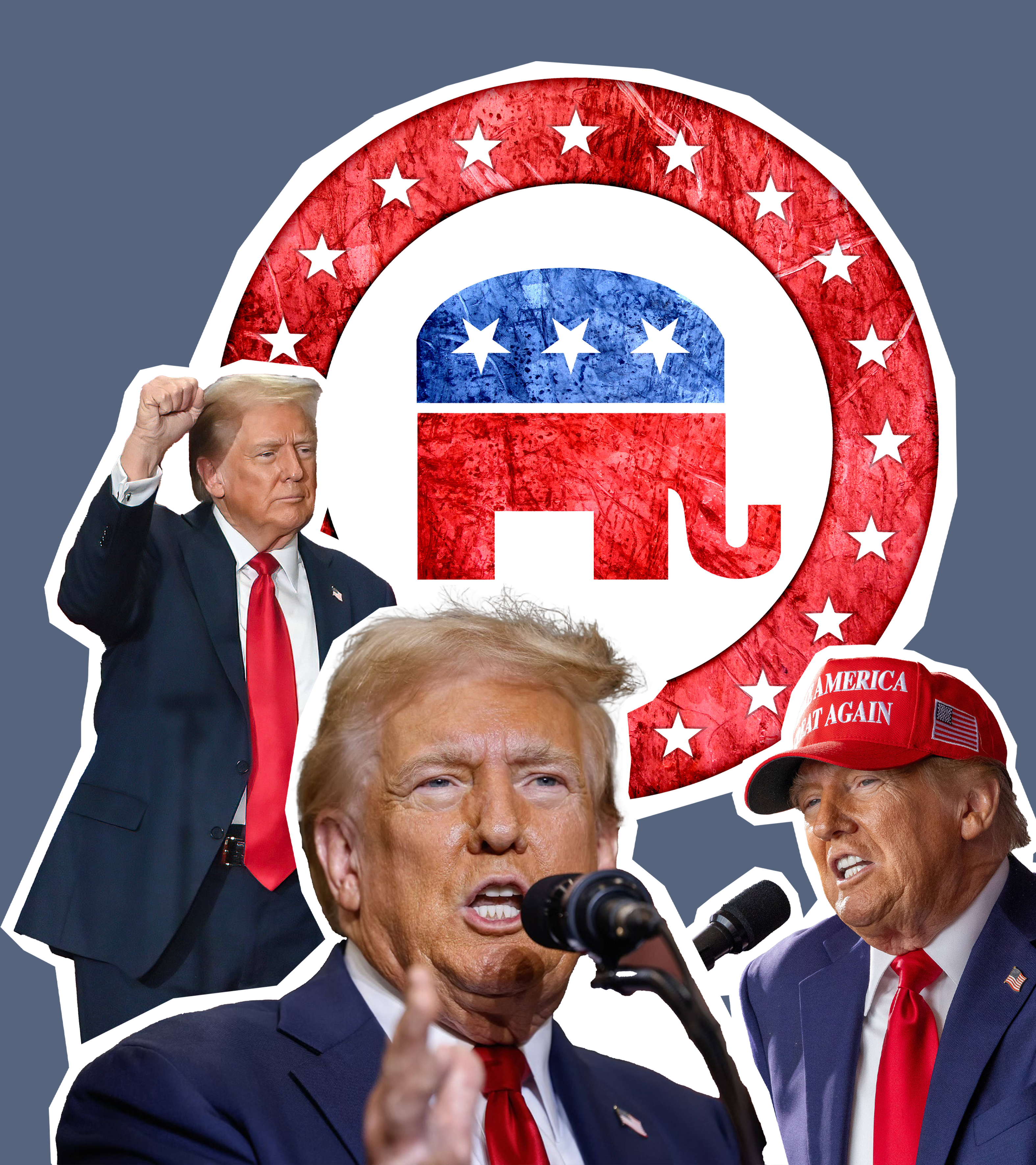 Drei Ausschnitte von Donald Trump und das Logo der Republikaner.