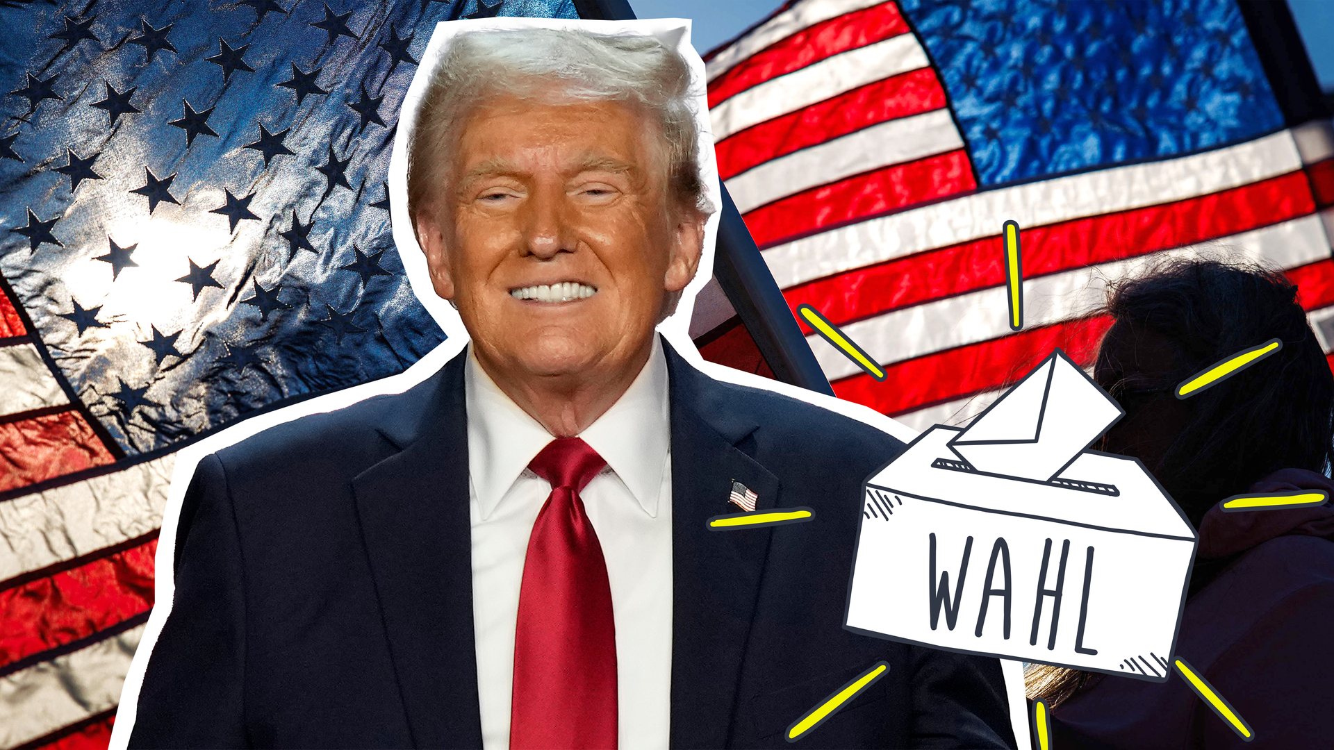 Donald Trump grinst, im Hintergrund amerikanische Flaggen, im Vordergrund Grafik einer Wahlurne mit Strahlen.