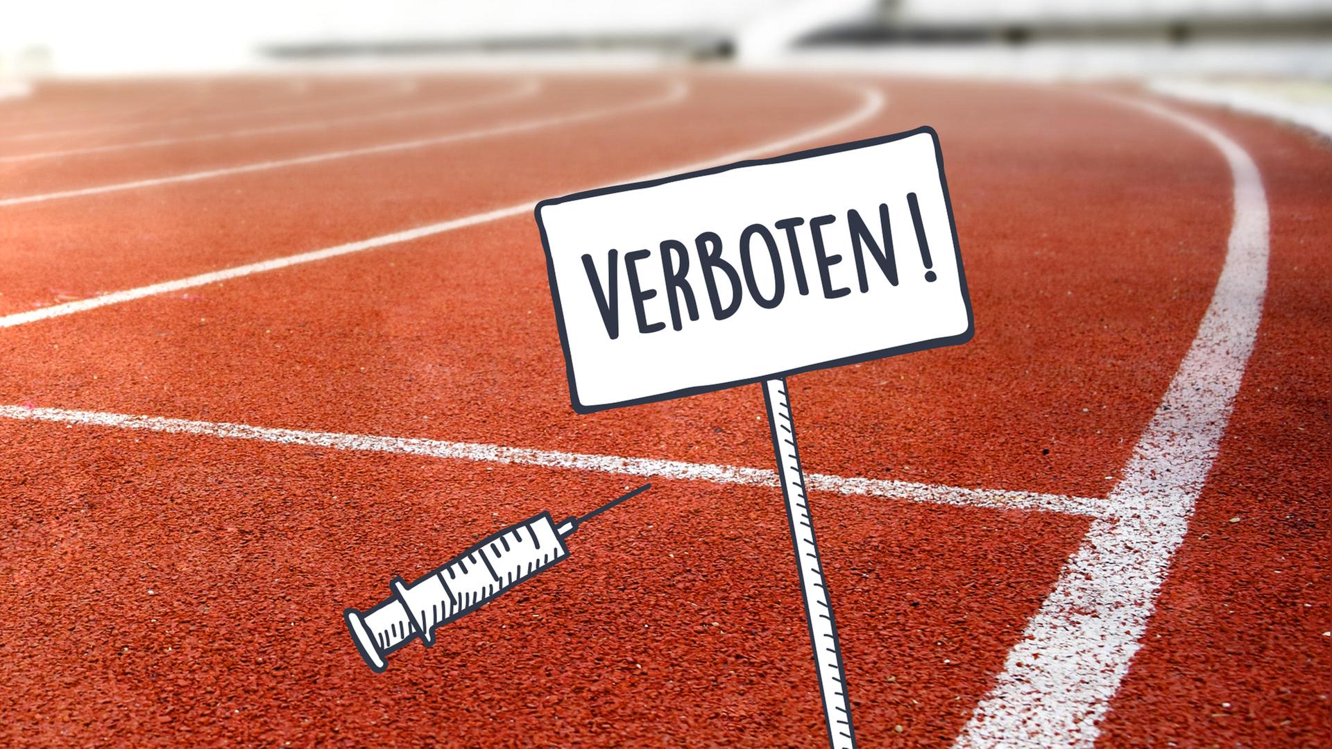 Ein Spritze auf einer Laufbahn. Daneben steht ein Schild auf dem "Verboten" steht.