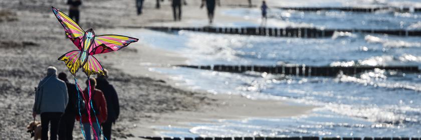 Drache mit Schmetterlingsmotiv am Strand