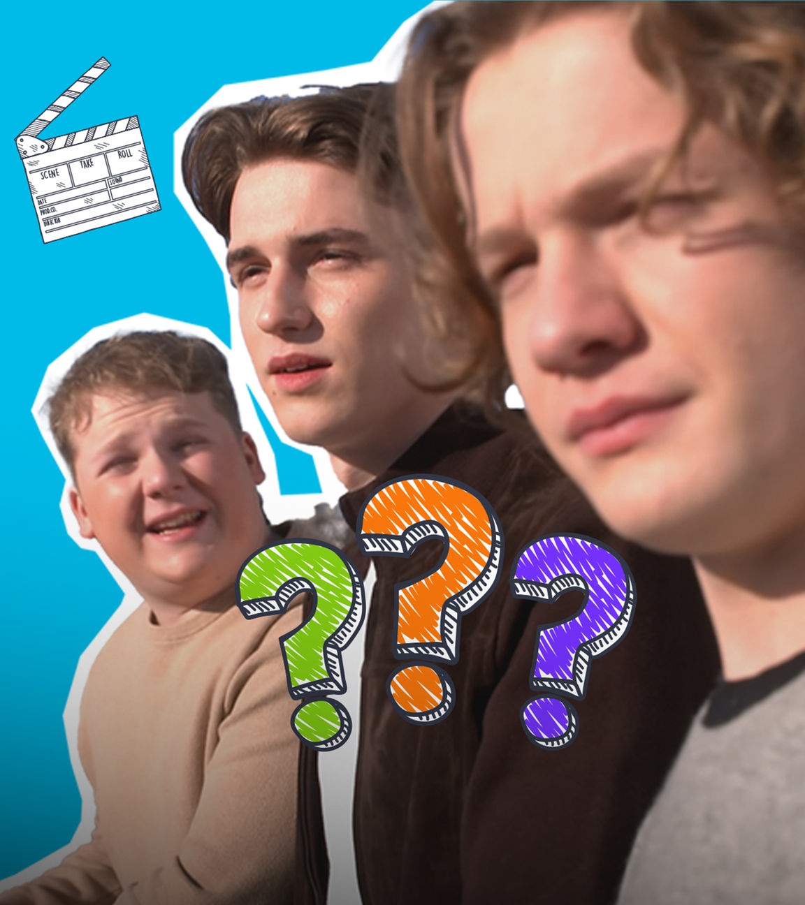 Foto Darsteller drei Fragezeichen, daneben drei Fragezeichen und Filmklappe auf blauem Hintergrund