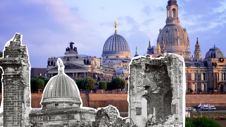 Vor der Dresdner Frauenkirche aus dem letzten Sommer ist die Silhouette der Ruinen der Kirche, die 1945 bombardiert, wurde zu sehen. Das schwarz-weiß Foto steht im starken Kontrast zu der bunten, aktuellen Fotografie.