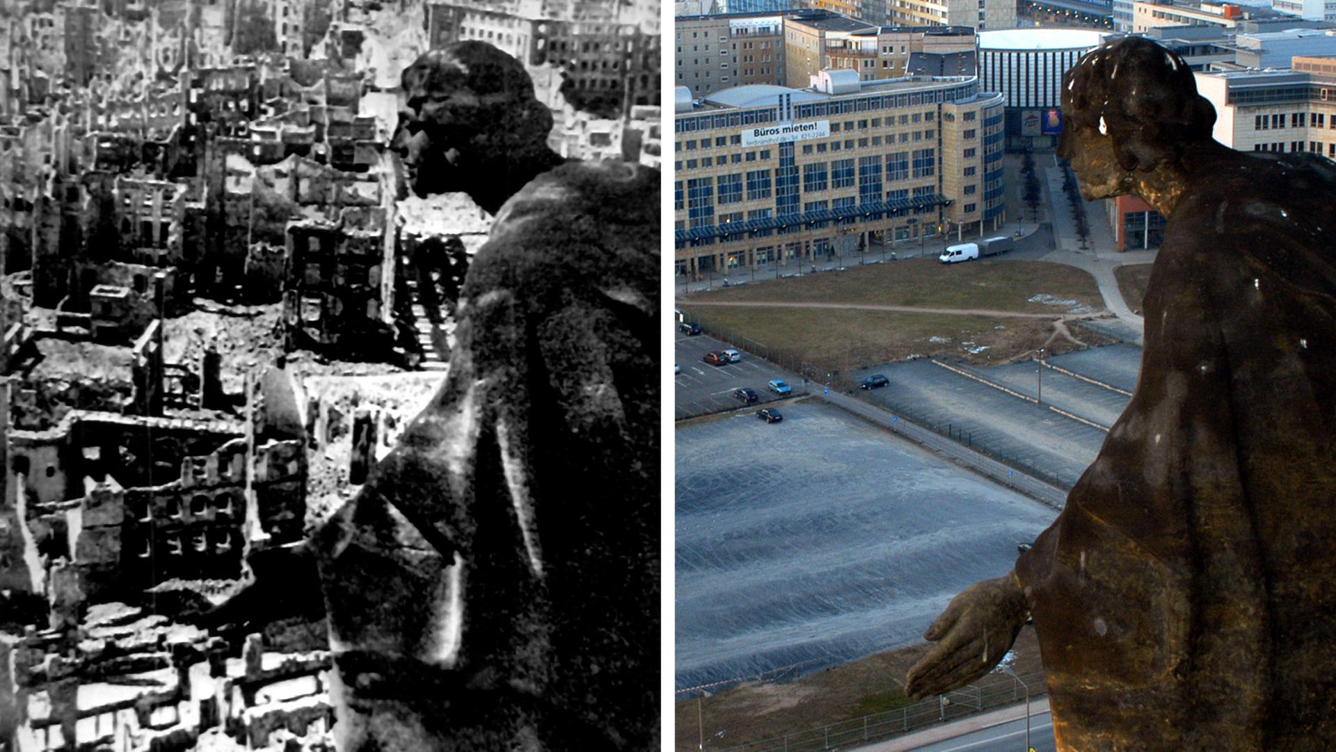 Eine Kombination aus zwei Bildern zeigt die Sandsteinskulptur „Güte“ auf dem Rathausturm in Dresden. Links: 1945, nach den Zerstörungen des Zweiten Weltkriegs. Rechts: 2005, nach dem Wiederaufbau.