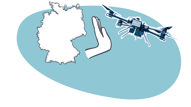 Deutschlandkarte mit einer Hand, die eine Drohne abwehrt 