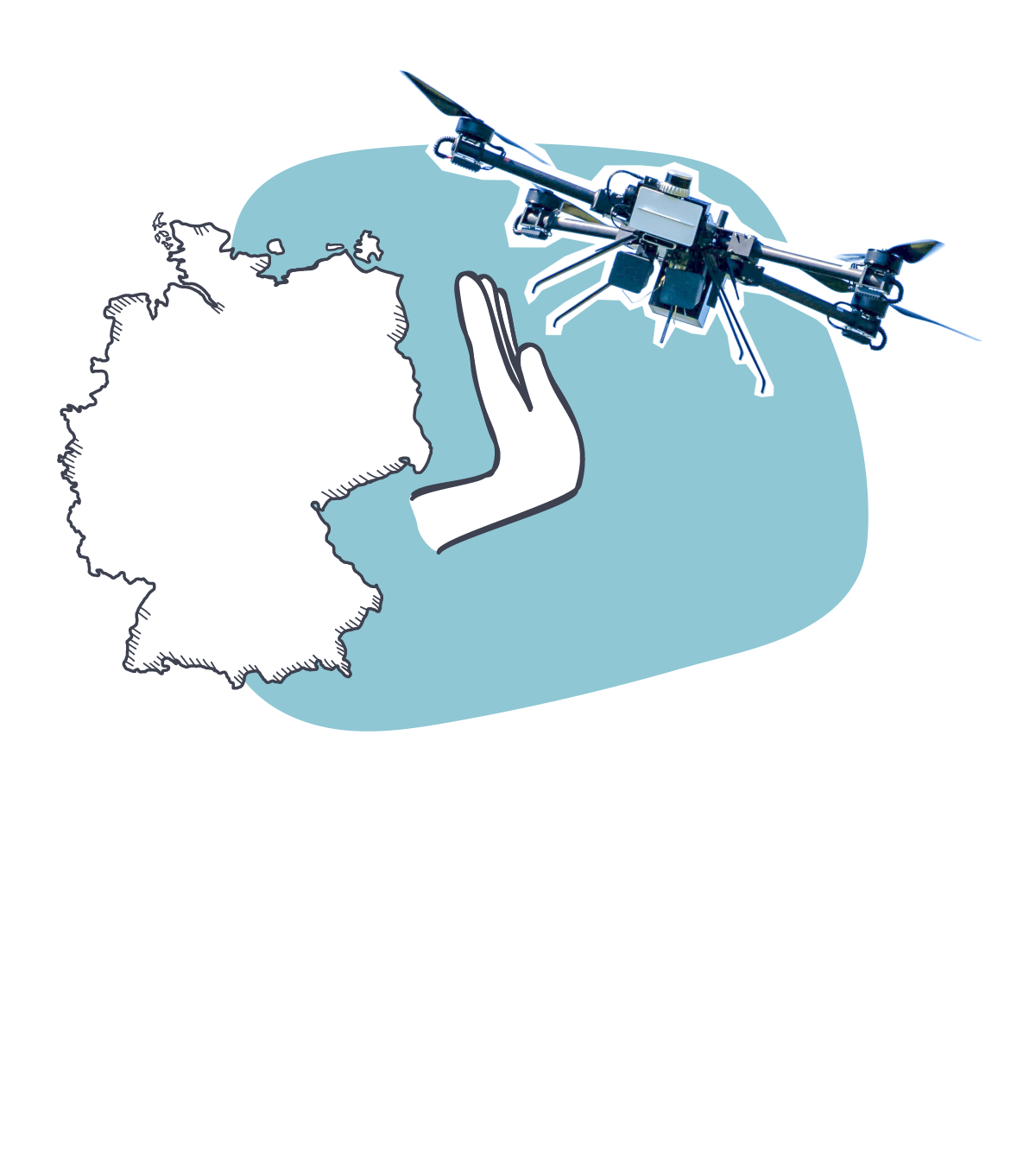 Deutschlandkarte mit einer Hand, die eine Drohne abwehrt 