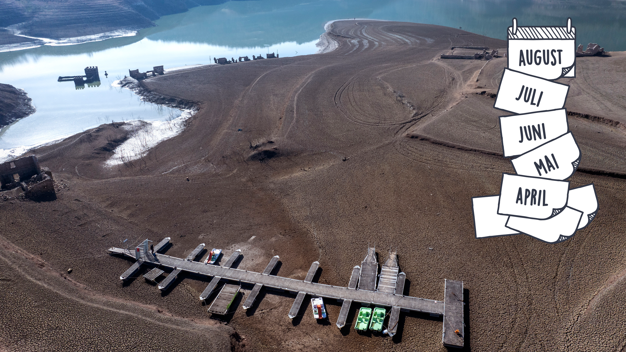 Spanien, Vilanova de Sau: Blick auf den Sau-Stausee, der nur noch 5 Prozent seines Fassungsvermögens hat.