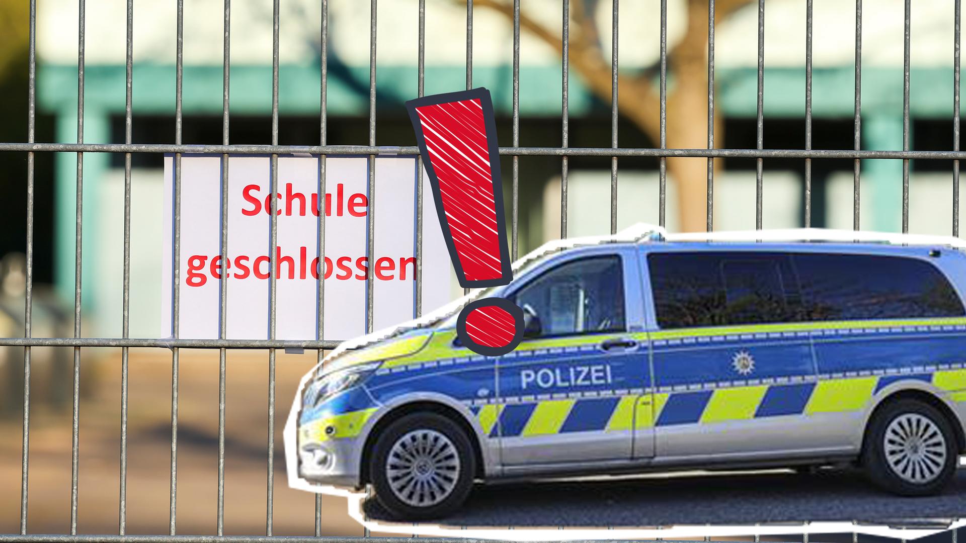 Polizeiwagen, geschlossene Schule, Ausrufezeichen