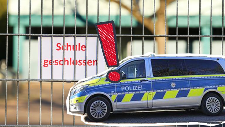 Polizeiwagen, geschlossene Schule, Ausrufezeichen