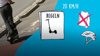 E-Roller Regeln; 20 km/h; ein E-Roller auf dem Fahrradweg; ein durchgestrichenes Handy; ein Fahrradhelm