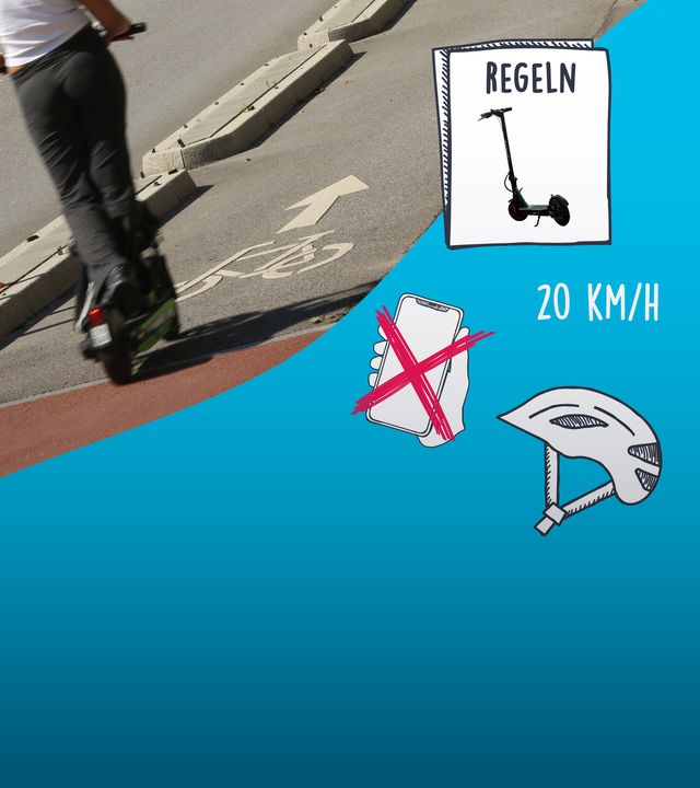 E-Roller Regeln; 20 km/h; ein E-Roller auf dem Fahrradweg; ein durchgestrichenes Handy; ein Fahrradhelm