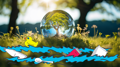 Baum in der Glaskugel, davor Grafik von vermülltem Wasser