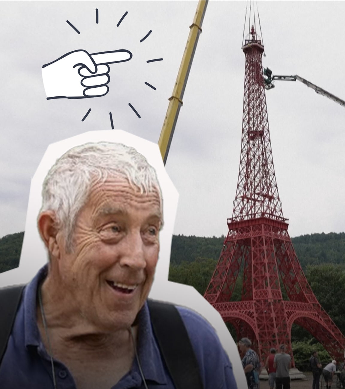 Opa links im BIld, darüber Hand, die auf Eiffelturm-Nachbau zeigt