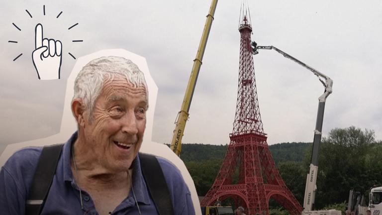 Opa links im BIld, darüber Hand, die auf Eiffelturm-Nachbau zeigt