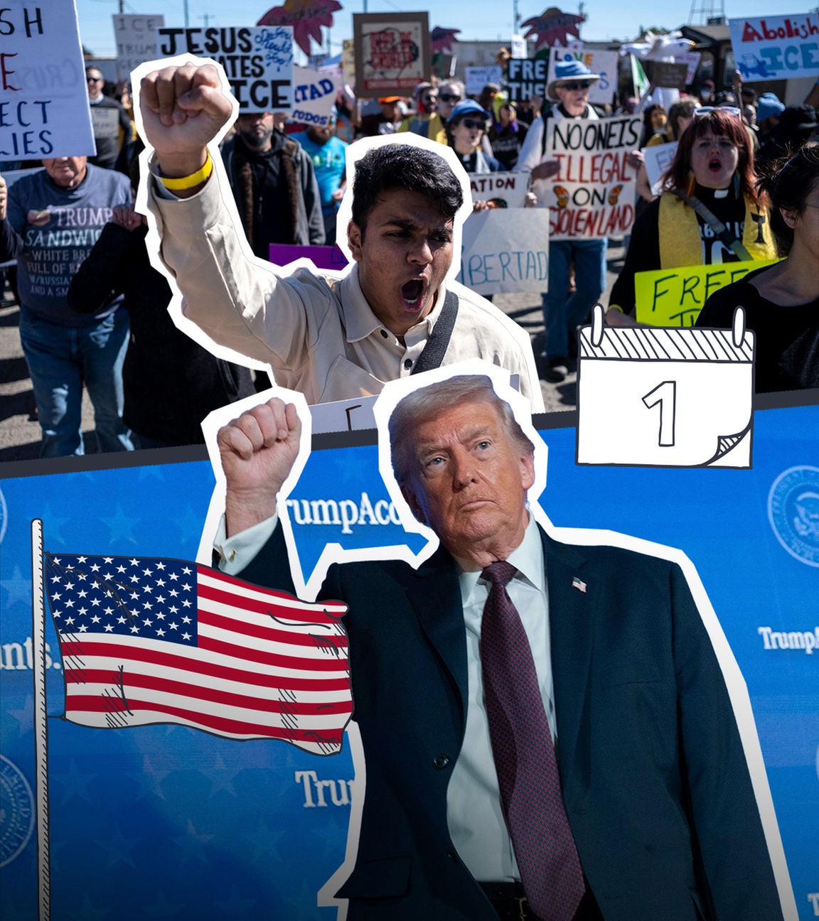 Ein Jahr Trump: Donald Trump hebt seine Faust hoch und auch ein Protestant hebt seine Faust nach oben.