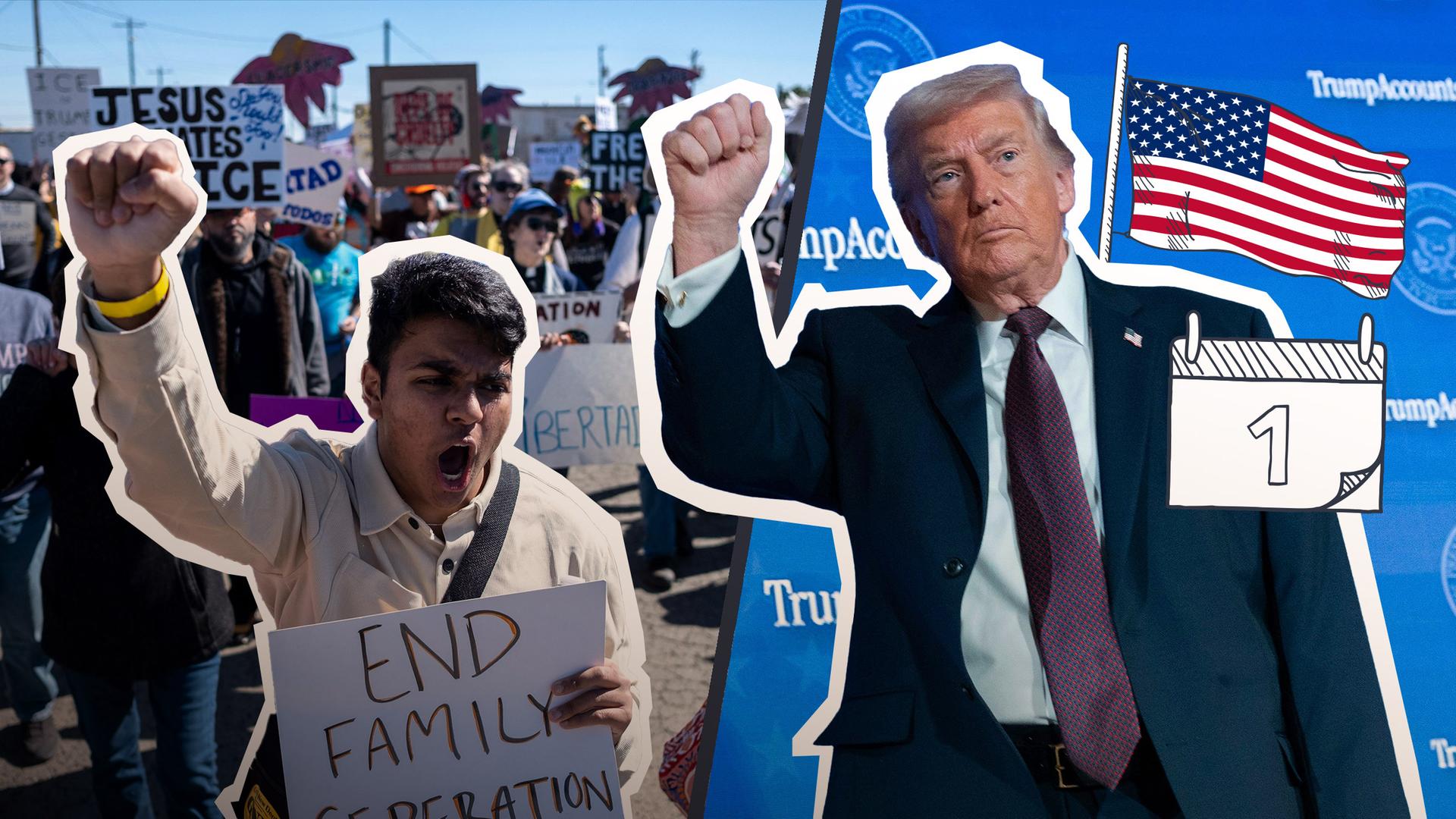 Ein Jahr Trump: Donald Trump hebt seine Faust hoch und auch ein Protestant hebt seine Faust nach oben.