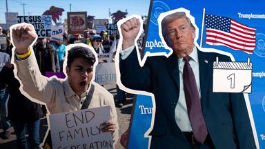 Ein Jahr Trump: Donald Trump hebt seine Faust hoch und auch ein Protestant hebt seine Faust nach oben.