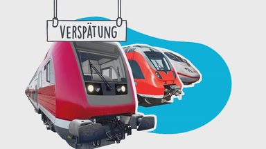 Drei Züge stehen nebeneinander, darüber steht ein Schild auf dem zu lesen ist: Verspätung