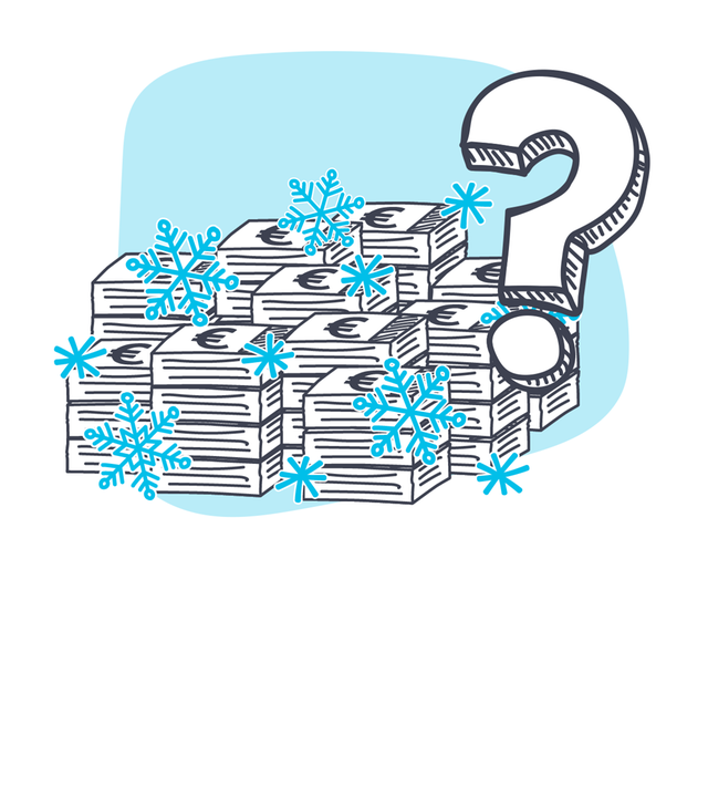 Ganz viele Geldscheine und Schneeflocken.