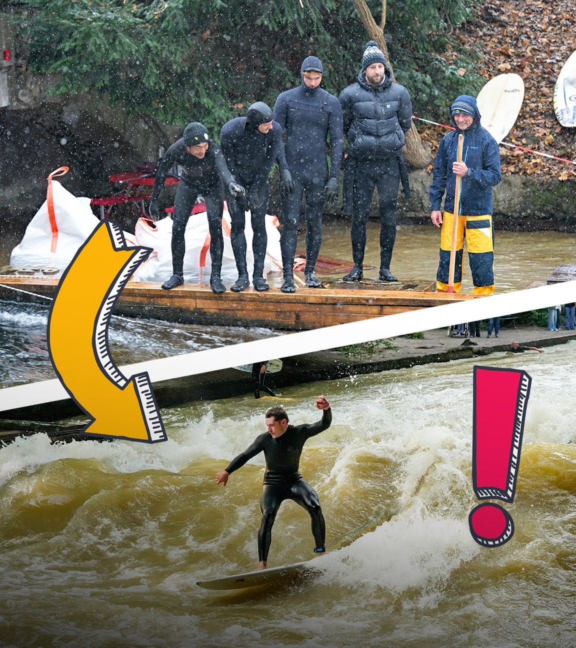 Experten, die die Eisbachwelle untersuchen und ein Surfer auf der Welle