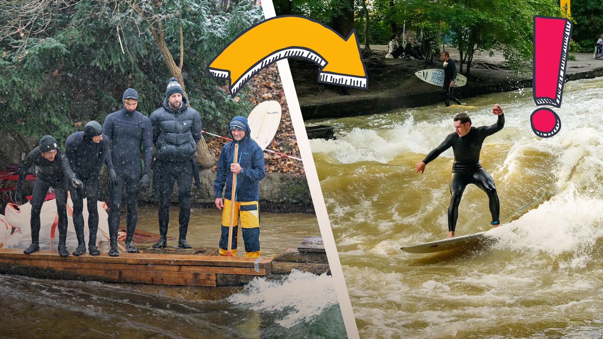 Experten, die die Eisbachwelle untersuchen und ein Surfer auf der Welle