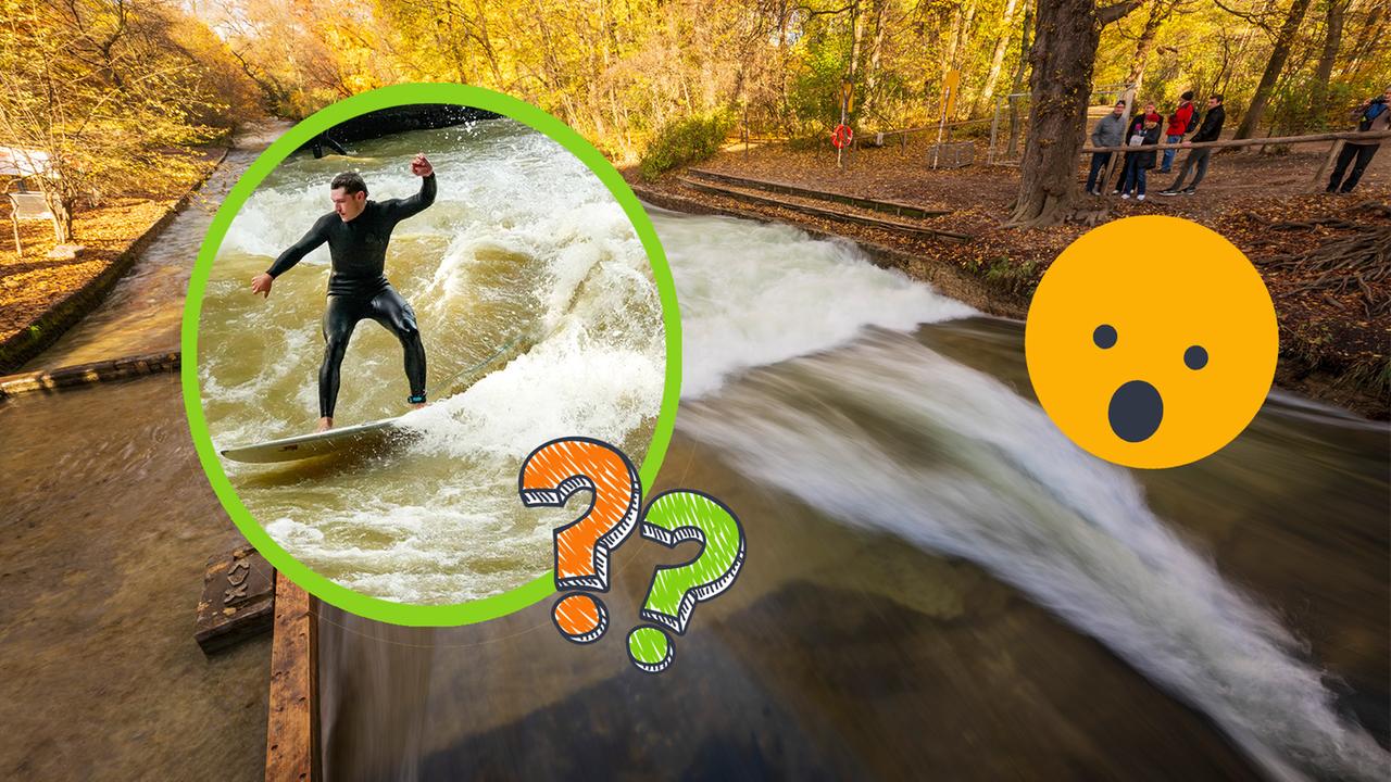 Eisbachwelle vorher und nacherher mit Emoji und Fragezeichen