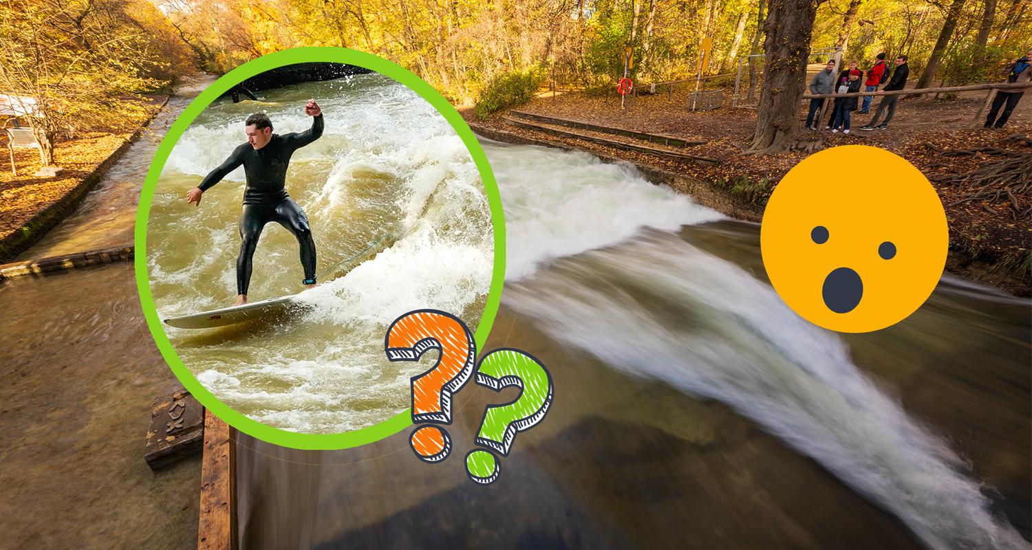 Eisbachwelle vorher und nacherher mit Emoji und Fragezeichen