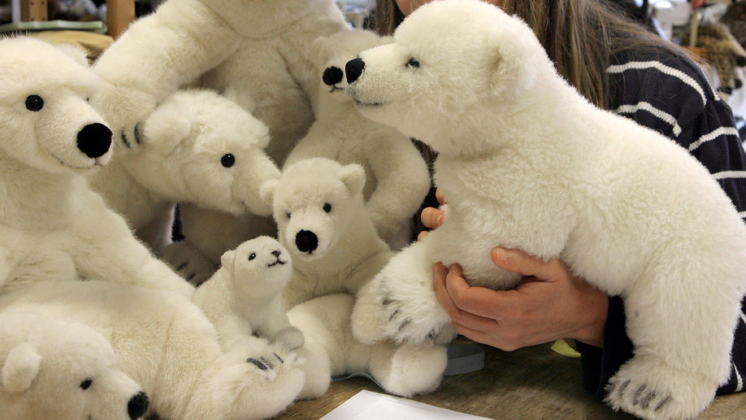 Eine Frau hält viele verschiedene Eisbärkuscheltiere in der Hand.