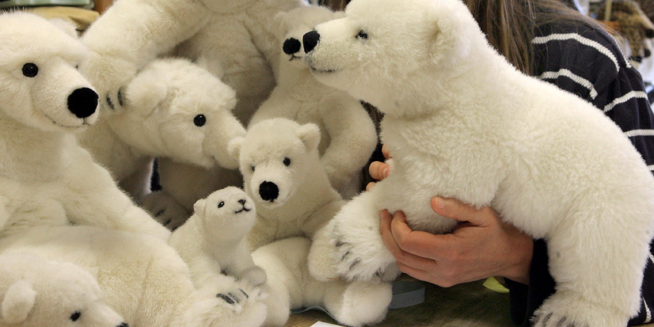 Eine Frau hält viele verschiedene Eisbärkuscheltiere in der Hand.
