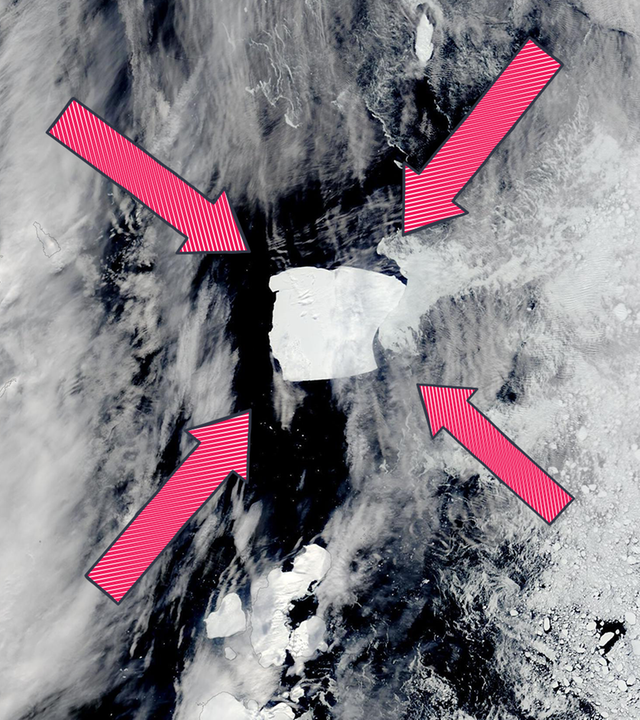 Satellitenbild des Eisbergs A23a. Der größte und älteste Eisberg der Welt ist Jahrzehnte nach seinem Abbrechen vom Schelfeis auf dem Weg nach Norden.