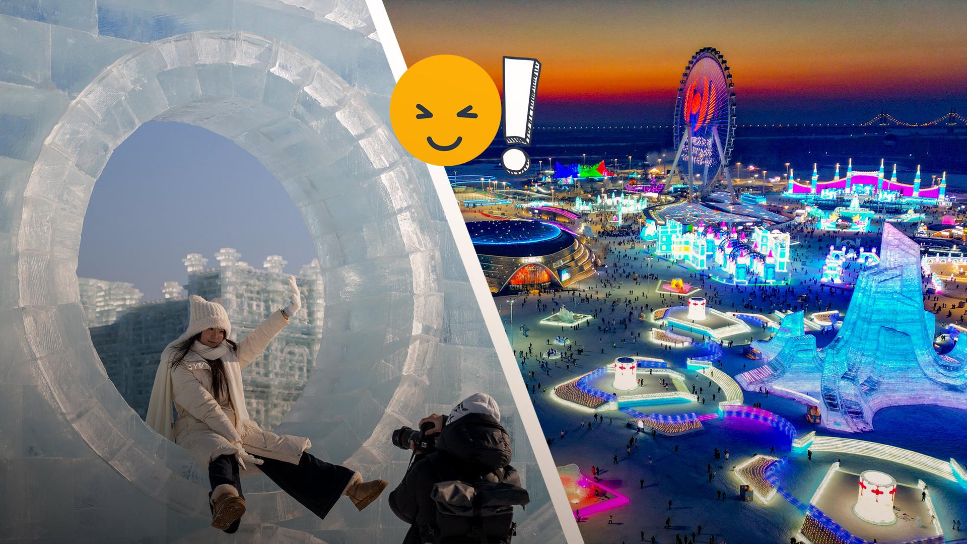 Das Eisfestival in Harbin in China mit bunt beleuchteten Attraktionen und eine Frau, die in einem runden Fenster aus Eis sitzt.