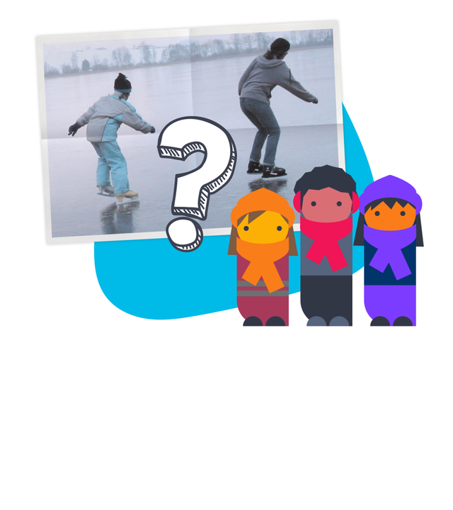 Grafik: 3 grafische Kinder in Winterklamotten, daneben von Foto von Kindern, die Schlittschuhlaufen und Fragezeichen