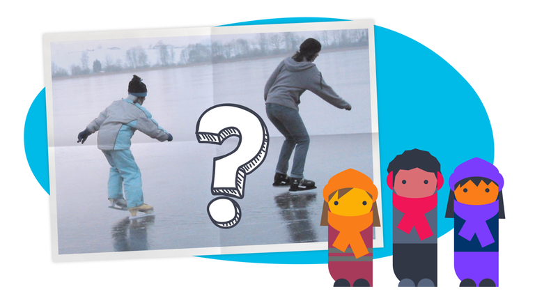 Grafik: 3 grafische Kinder in Winterklamotten, daneben von Foto von Kindern, die Schlittschuhlaufen und Fragezeichen