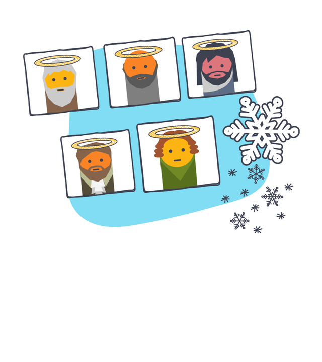 Fünf Männer mit Heiligenschein nebeneinander in quadratischen Bildausschnitten, daneben Schneeflocken und dahinter eine blaue Fläche auf weißem Hintergrund