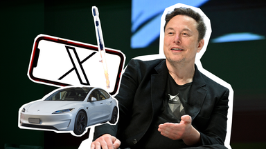 Elon Musk als AUsschnitt, dazu ein Tesla, ein X-Logo und eine SpaceX-Rakete.