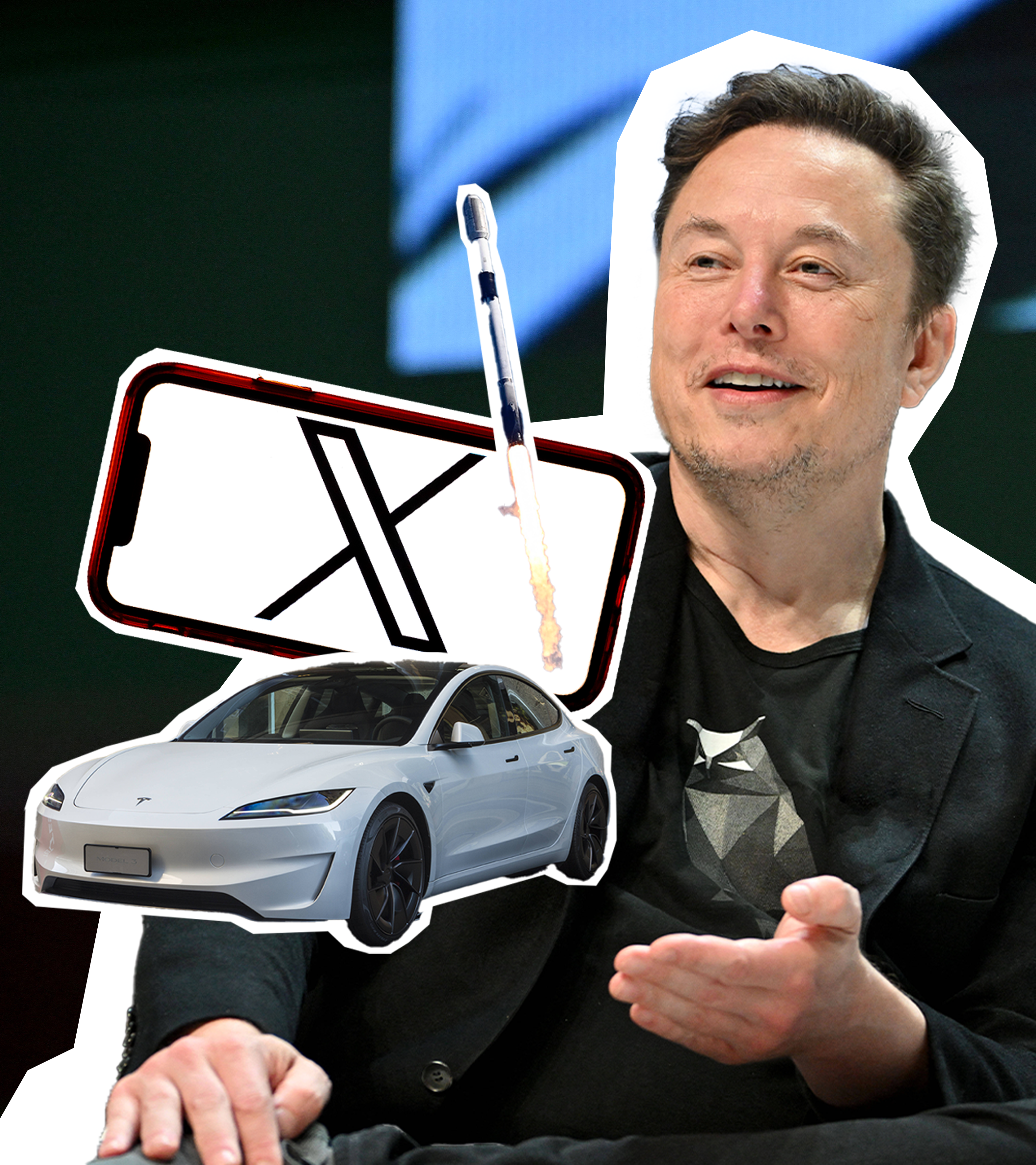 Elon Musk als AUsschnitt, dazu ein Tesla, ein X-Logo und eine SpaceX-Rakete.