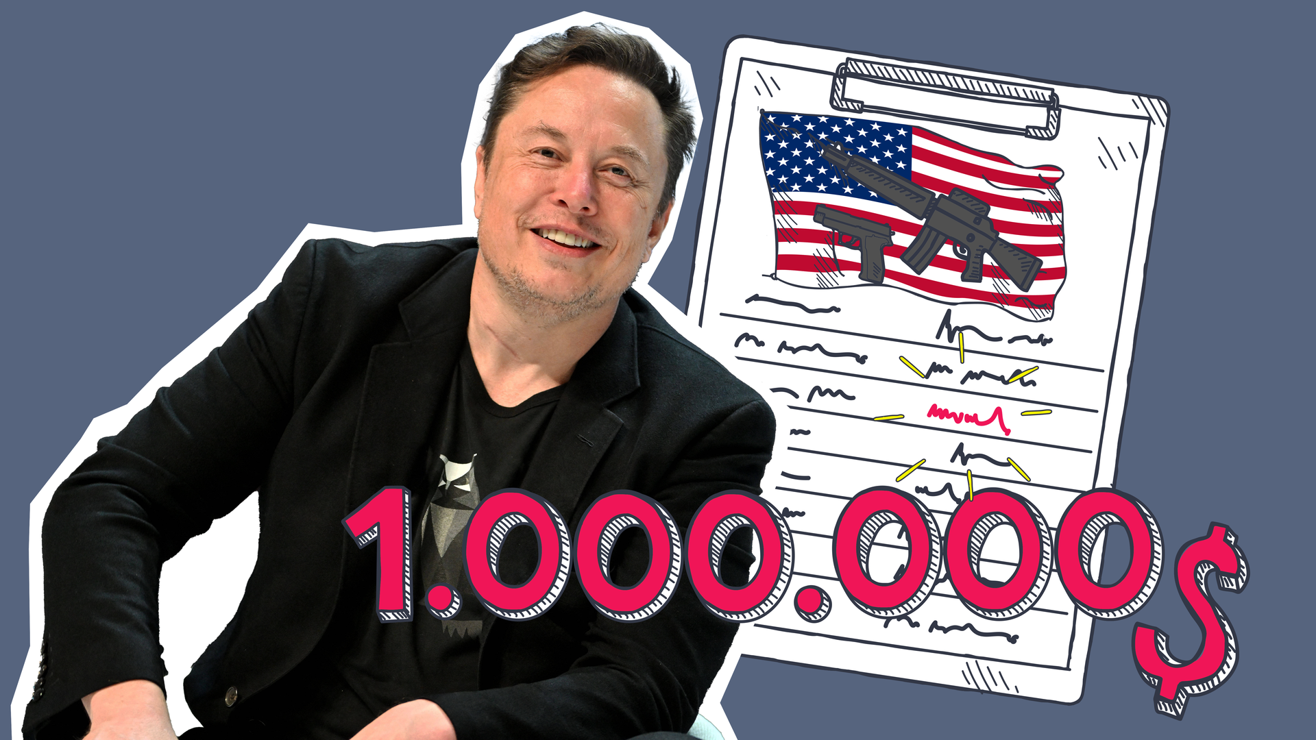Elon Musk grinst, dazu eine Grafik mit einem Unterschriften-Klemmbrett mit Waffen und amerikanischer Flagge und eine Million Dollar.