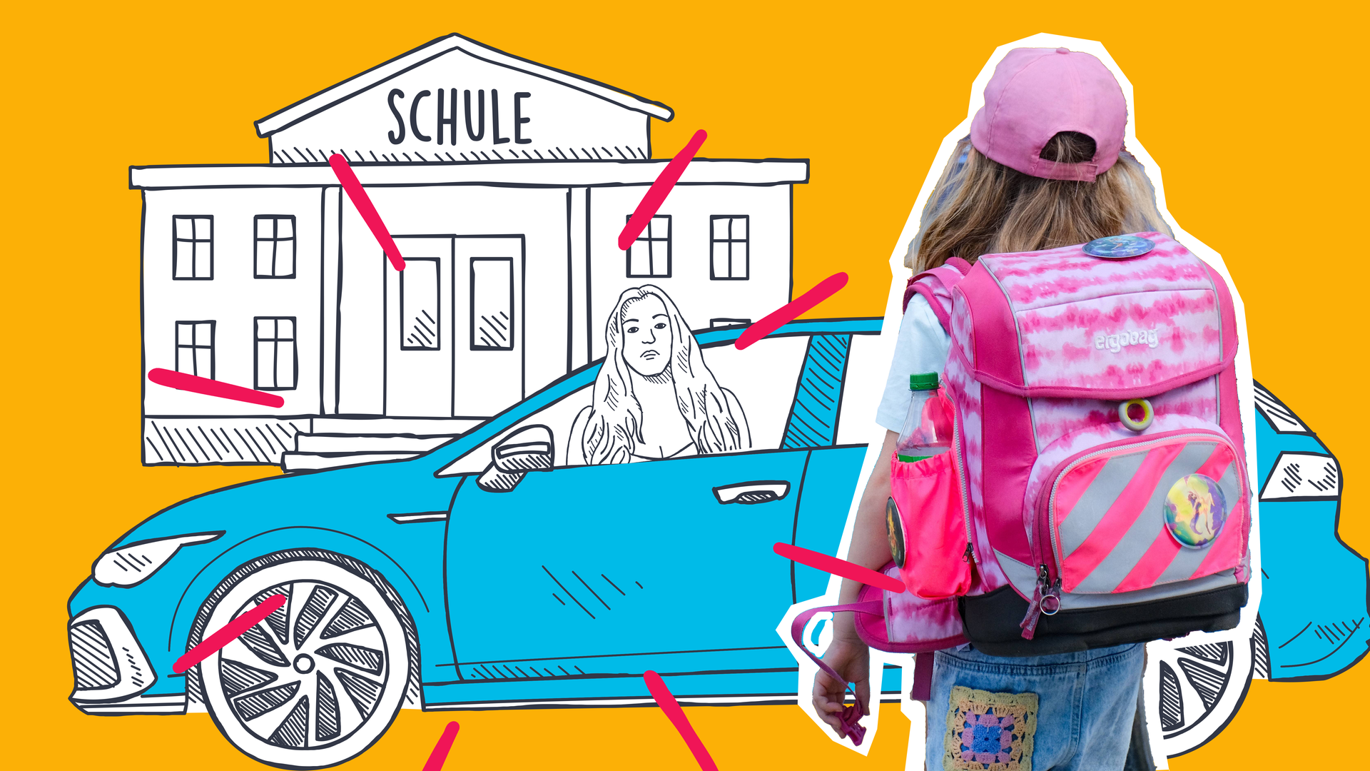 Kind mit Grafdiken von Auto mit Mutter und Schule