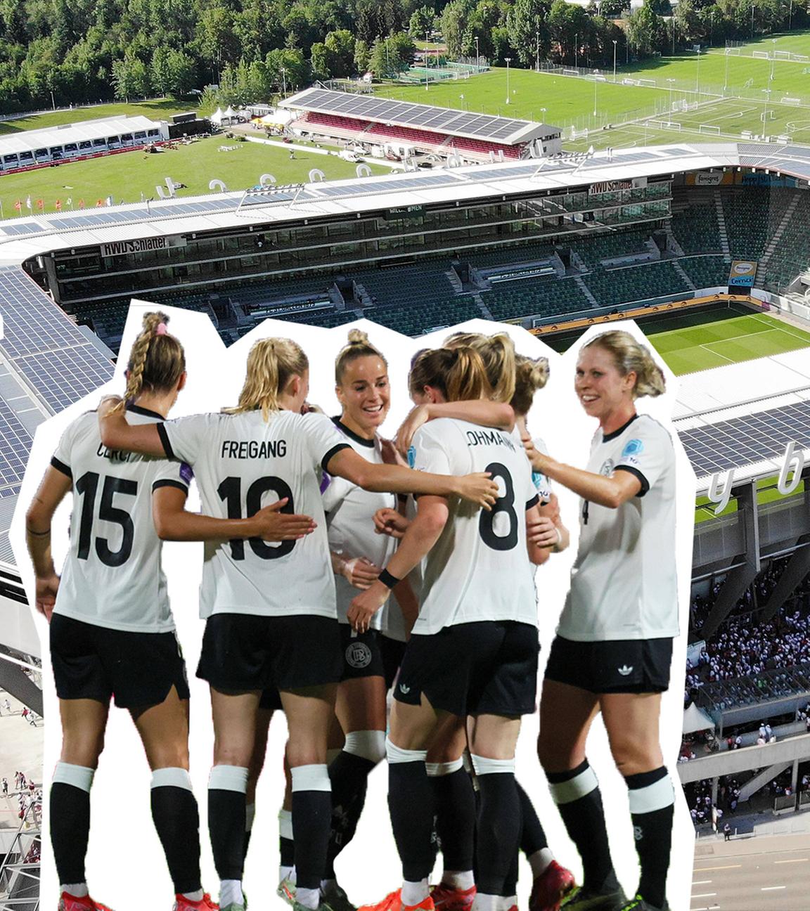 Collage der deutschen Fußballerinnen und des Trainers vor einem Fußballstadion.