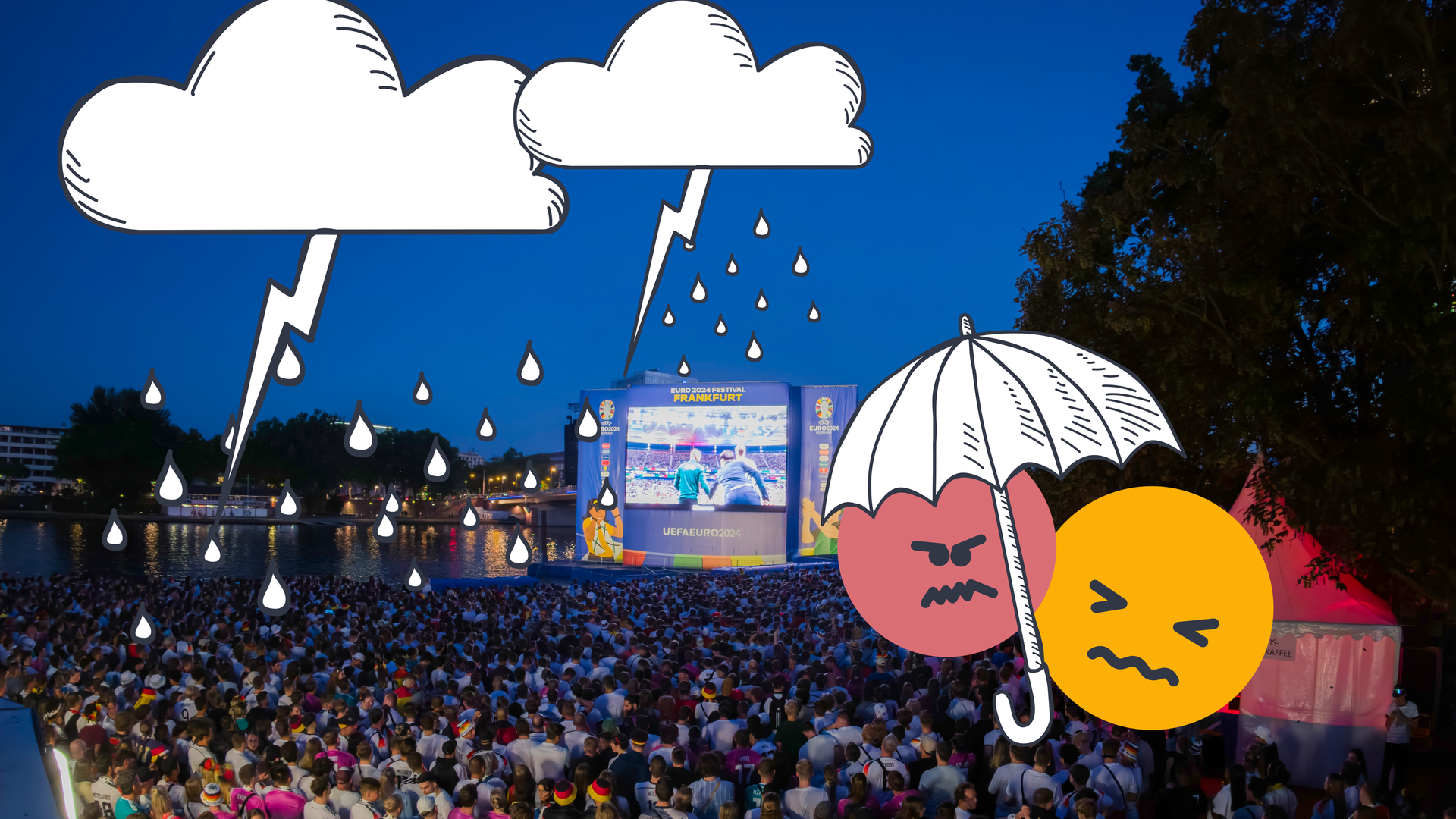 Frankfurter Fanzone, davor Grafiken mit Blitz und Wolken und grimmigen Emojis 