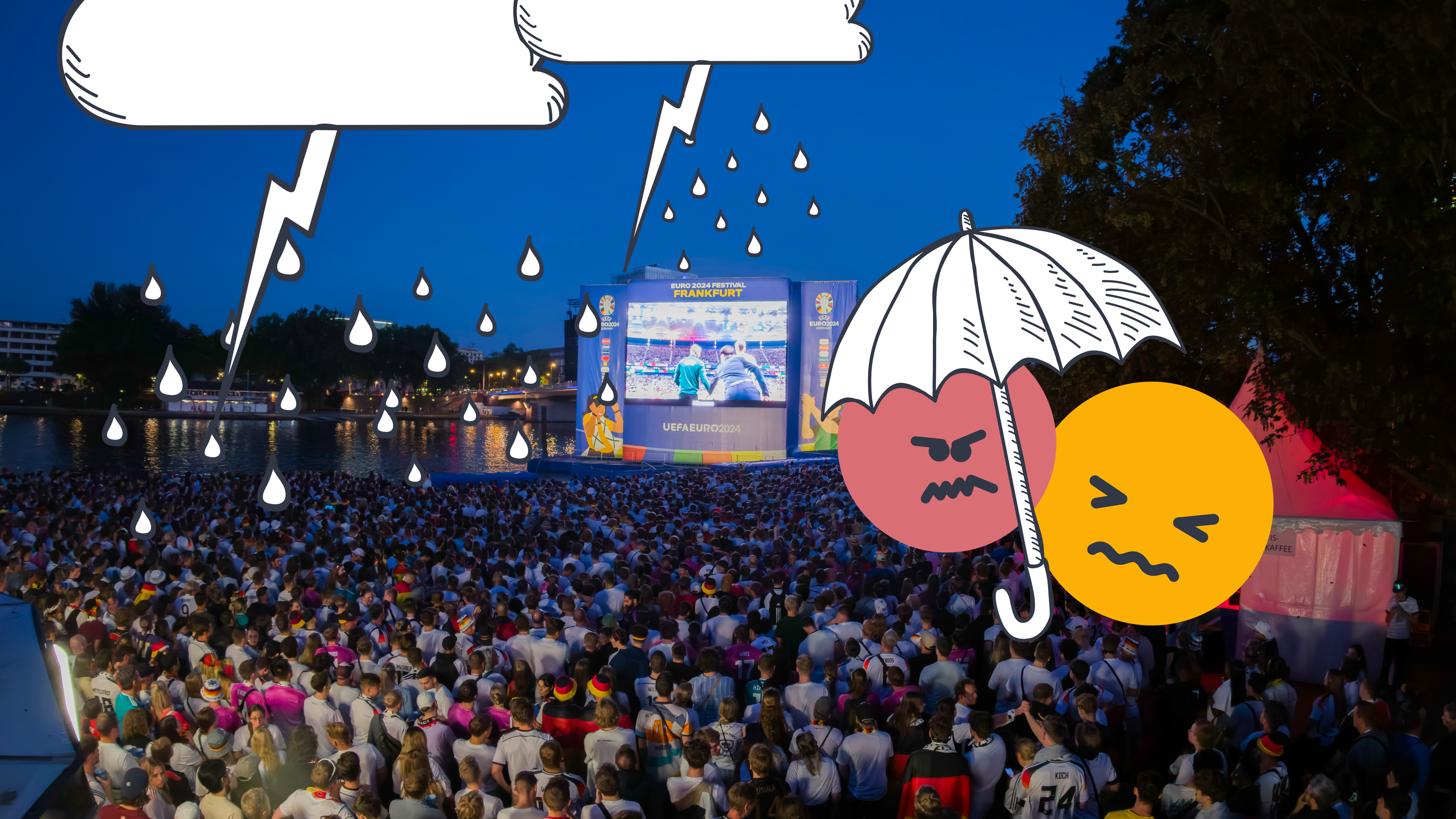 Frankfurter Fanzone, davor Grafiken mit Blitz und Wolken und grimmigen Emojis 