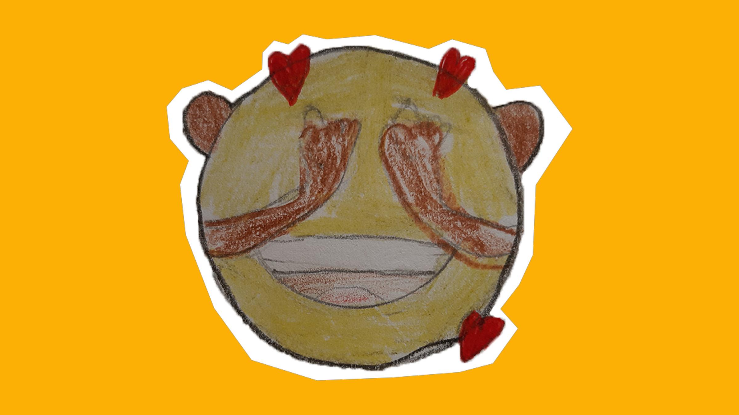 Kombi aus dem Smiley der lacht, der Herzen um den Kopf hat und dem Affen, der sich die Augen zuhält