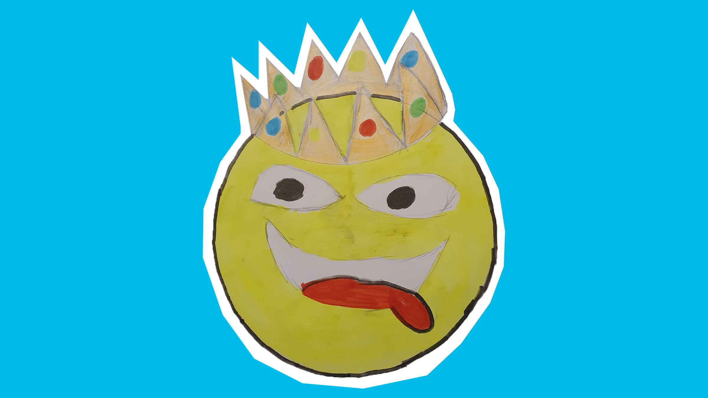 Gelber Smiley mit herausgestreckter Zunge und einer Krone auf dem Kopf.
