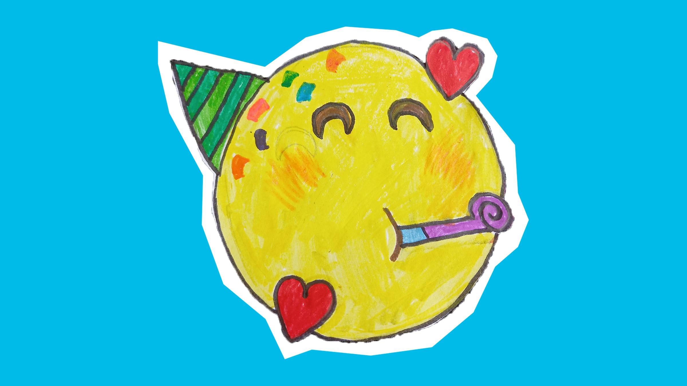 Smiley mit Partyhut & Partytröte und Herzen