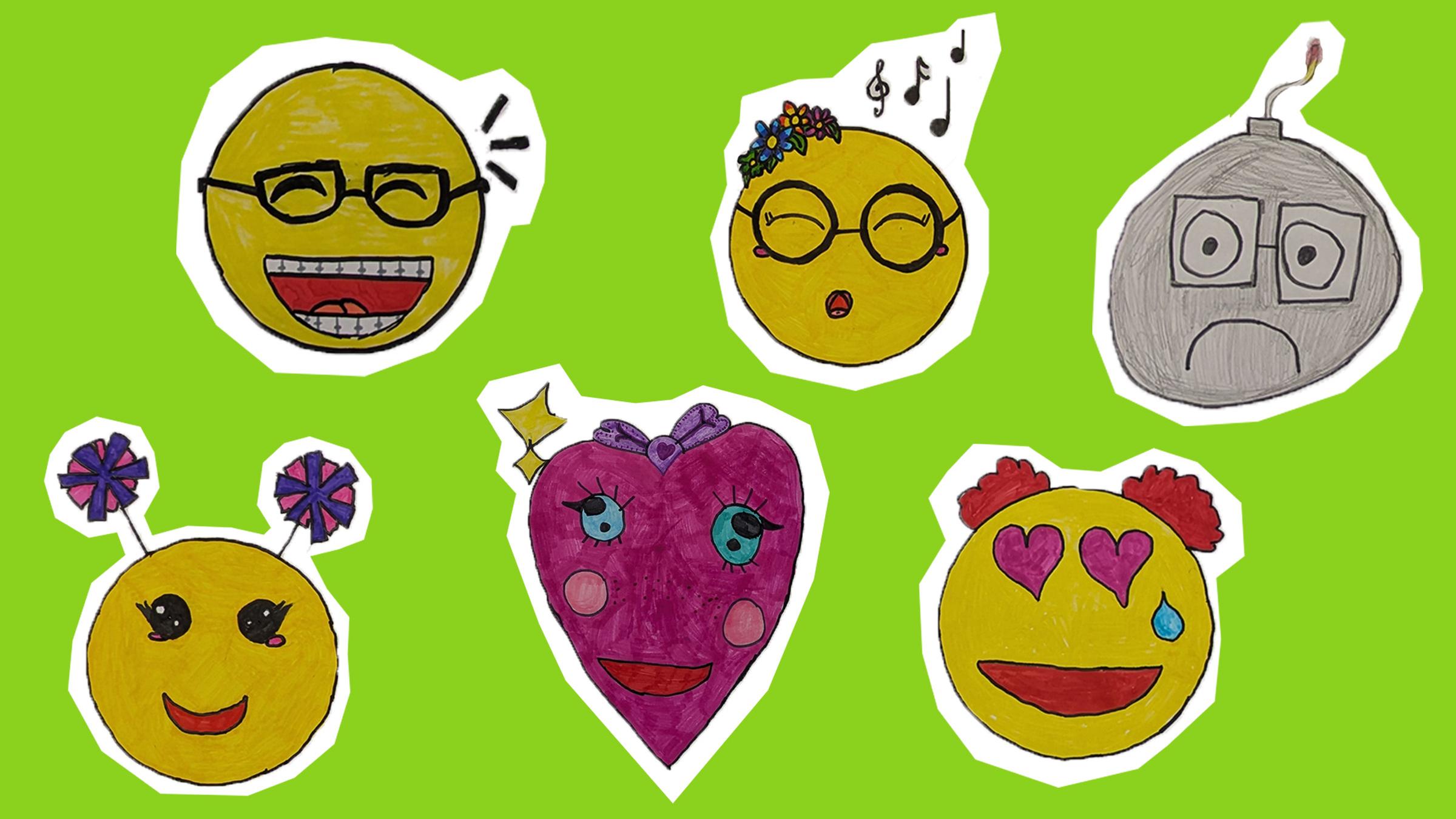 6 verschiedene Smileys: eine kleine Bombe mit traurigem Gesicht, ein pinkes Herz mit blauen Augen, ein Smiley mit Brille und Zahnspange, ein Smiley als Clown, ein Smiley der singt und ein Smiley der lächelt und witzige Antennenen auf dem Kopf hat 
